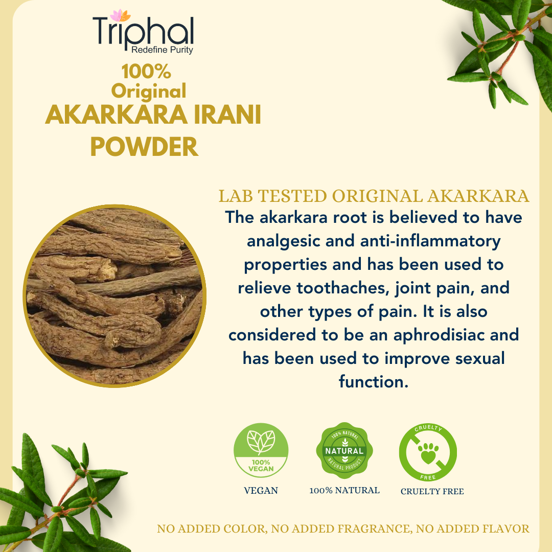 Box of Akarkara Irani Powder - Pellitory Root Powder by Triphal Brand - 100% Pure and Original Aqarqara Powder