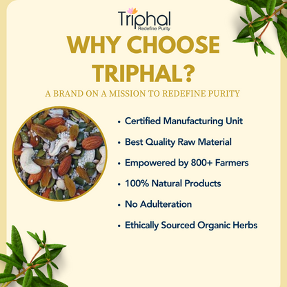6 in 1 Super Trail Mix by Triphal  contains almonds, pumpkin seeds, sunflower seeds, sesame seeds, cashew, raisins