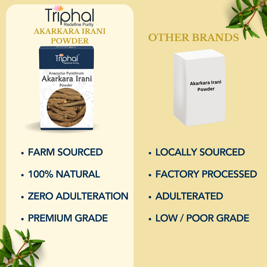 Box of Akarkara Irani Powder - Pellitory Root Powder by Triphal Brand - 100% Pure and Original Aqarqara Powder