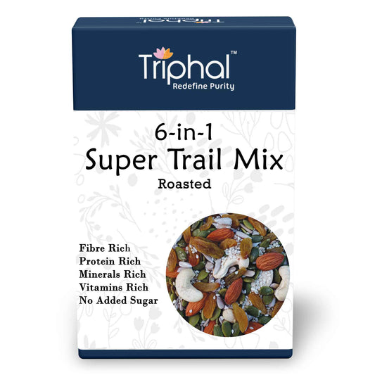 6 in 1 Super Trail Mix by Triphal  contains almonds, pumpkin seeds, sunflower seeds, sesame seeds, cashew, raisins by Triphal