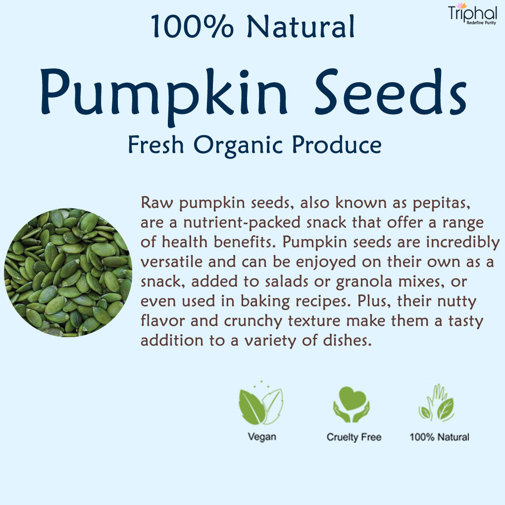 A small dish filled with raw pumpkin seeds, also known as pepitas, next to a pumpkin and some fall leaves. The image is accompanied by a short description of the nutritional value and potential benefits of pumpkin seeds.