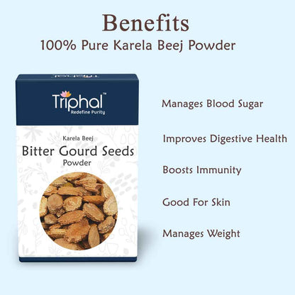 "Triphal Bitter Gourd Seeds (Karela Beej) - 200g Pack" - This image alt text describes the benefits of product being sold by the Triphal brand, which is a 200-gram pack of bitter gourd seeds or karela beej.