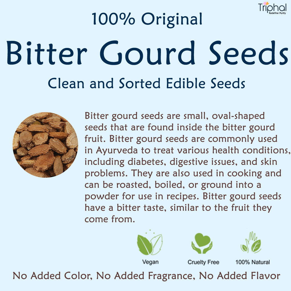 "Triphal Bitter Gourd Seeds (Karela Beej) - 100g Pack" - This image alt text describes the product being sold by the Triphal brand, which is a 100-gram pack of bitter gourd seeds or karela beej.
