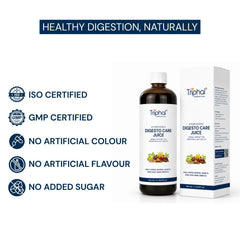 Triphal Digesto Care Juice bottle and packaging box on a white background, with marketing text and certification icons for ISO Certified, GMP Certified, No Artificial Colour, No Artificial Flavour, and No Added Sugar.