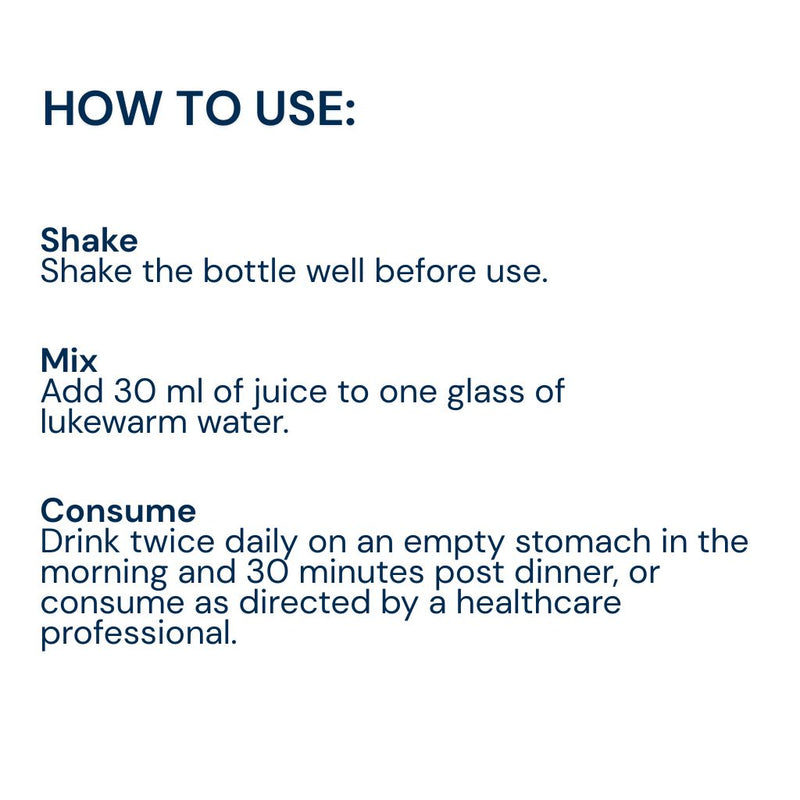 Instructional graphic with the heading 'HOW TO USE:' and three lines of text giving directions: shake the bottle well before use, mix by adding 30 ml of juice to one glass of lukewarm water, and consume twice daily on an empty stomach or as directed by a healthcare professional.