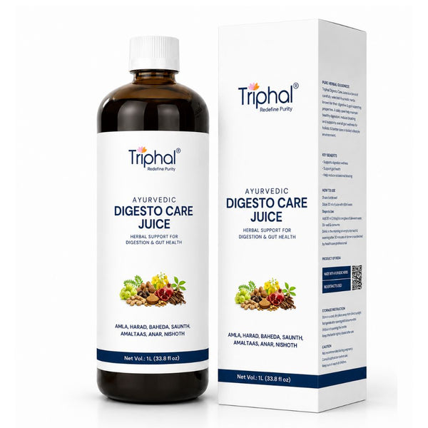 A bottle and box of Triphal Ayurvedic Digesto Care Juice on a white background.