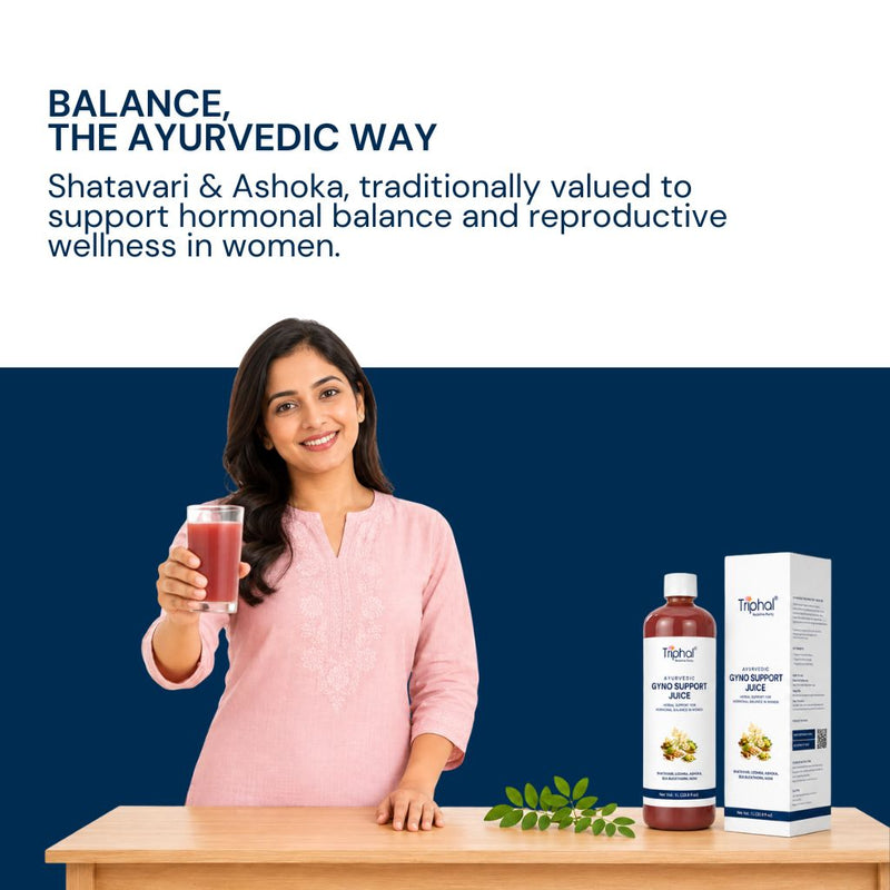 A woman in a pink kurta stands behind a table holding a glass of Gyno Support Juice by Triphal, with a bottle and box of Gyno Support Juice on the table against a dark blue background. Text at the top reads: 'BALANCE, THE AYURVEDIC WAY' and describes the ingredients and benefits.