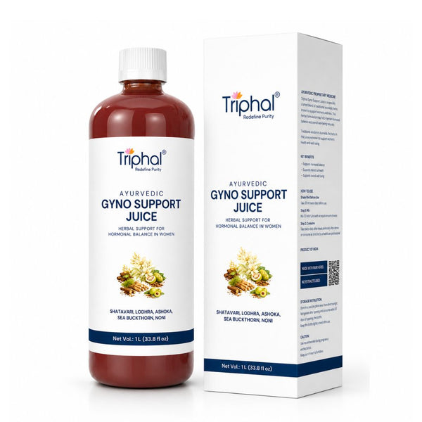 Triphal Ayurvedic Gyno Support Juice in a 1-liter amber bottle with a white cap, shown next to its white and navy blue product box on a white background.