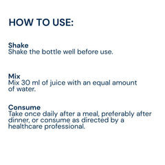 Instructional graphic with the heading 'HOW TO USE TRIPHAL GYNO SUPPORT JUICE 1L:' and three lines of text in dark blue on a white background: shake the bottle well before use, mix 30 ml of juice with an equal amount of water, and consume once daily after a meal or as directed by a healthcare professional.