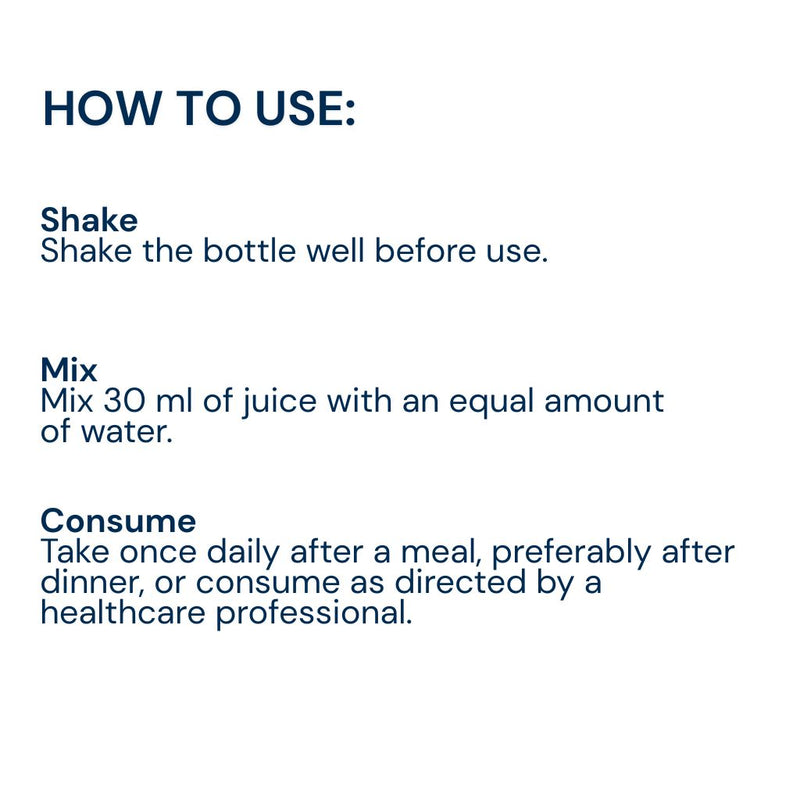 Instructional graphic with the heading 'HOW TO USE TRIPHAL GYNO SUPPORT JUICE 1L:' and three lines of text in dark blue on a white background: shake the bottle well before use, mix 30 ml of juice with an equal amount of water, and consume once daily after a meal or as directed by a healthcare professional.