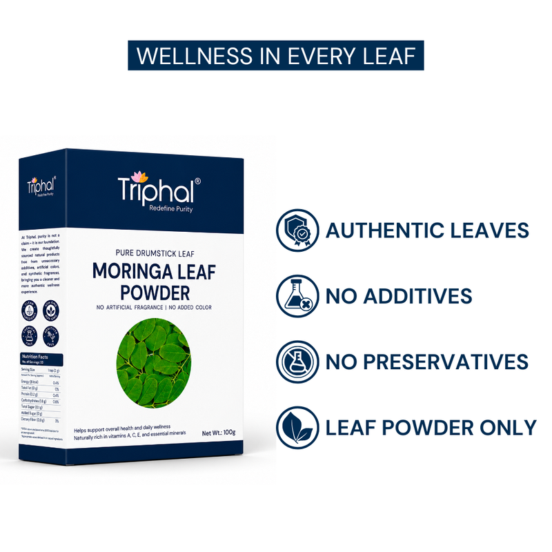 Triphal Moringa Leaf Powder highlighting authentic leaves, no additives, no preservatives, and pure leaf powder.