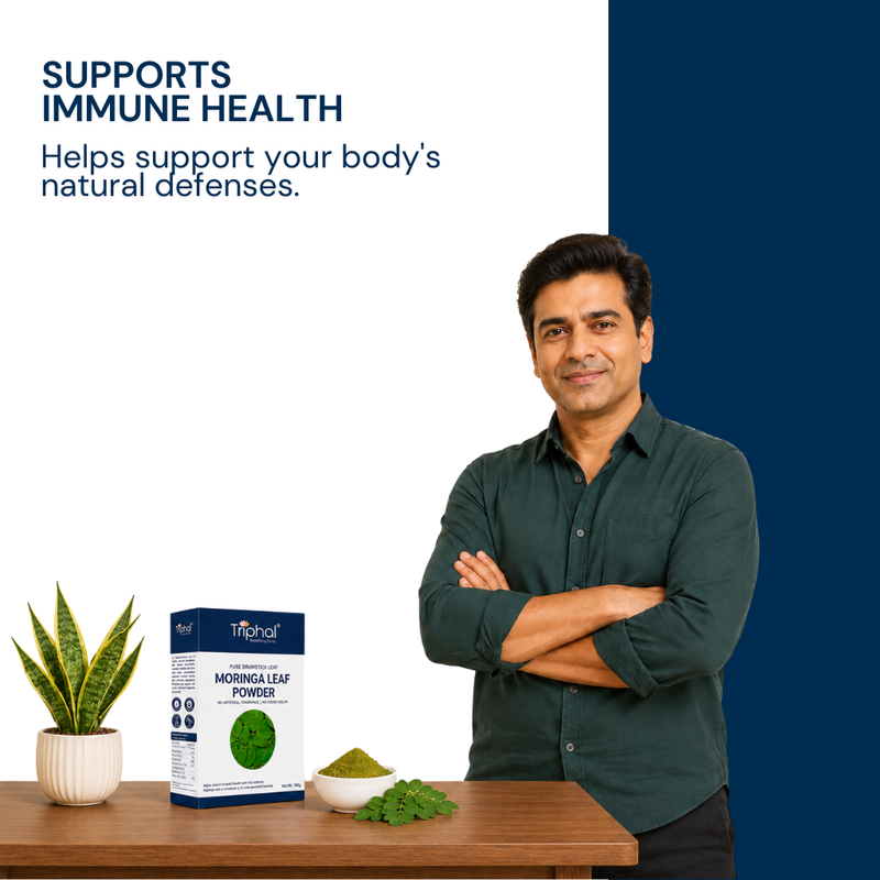 Triphal Moringa Leaf Powder supporting immune health and natural body defenses.