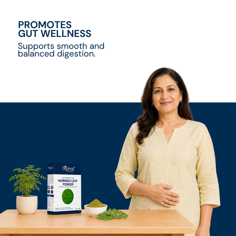 Triphal Moringa Leaf Powder for healthy digestion and natural gut wellness support daily