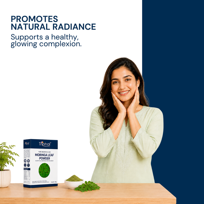 Triphal Moringa Leaf Powder rich in antioxidants for natural skin glow and anti-aging wellness