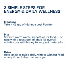 Triphal Moringa Leaf Powder usage guide showing measure, mix, and drink instructions.