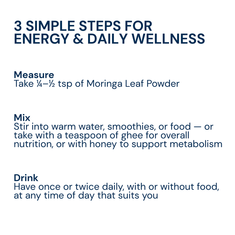 Triphal Moringa Leaf Powder usage guide showing measure, mix, and drink instructions.