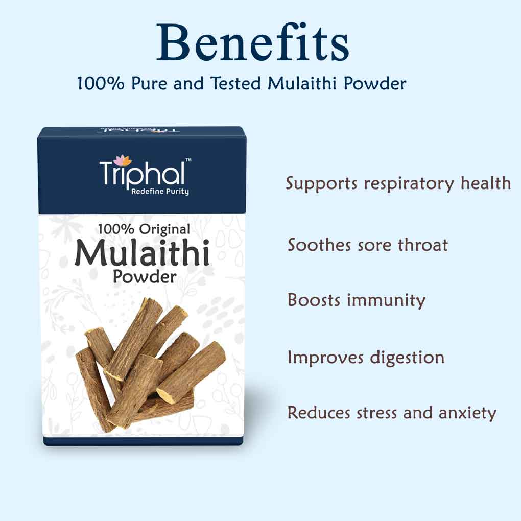 Premium quality mulaithi powder from Triphal brand, free from harmful chemicals or additives. A versatile ingredient for teas, decoctions, and skincare products.