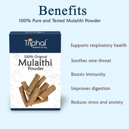 Premium quality mulaithi powder from Triphal brand, free from harmful chemicals or additives. A versatile ingredient for teas, decoctions, and skincare products.