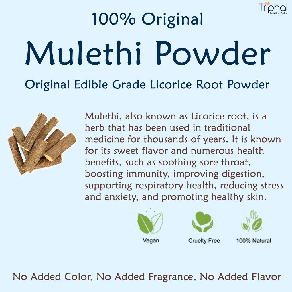 Triphal brand's mulaithi powder, a natural and safe remedy. Made from organically grown, dried mulethi roots for optimal benefits.