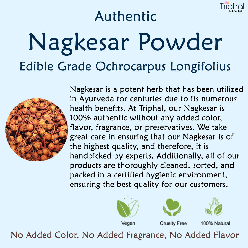 An image of Triphal's Nagkesar powder, a natural and authentic product free of added colors, flavors, or fragrances