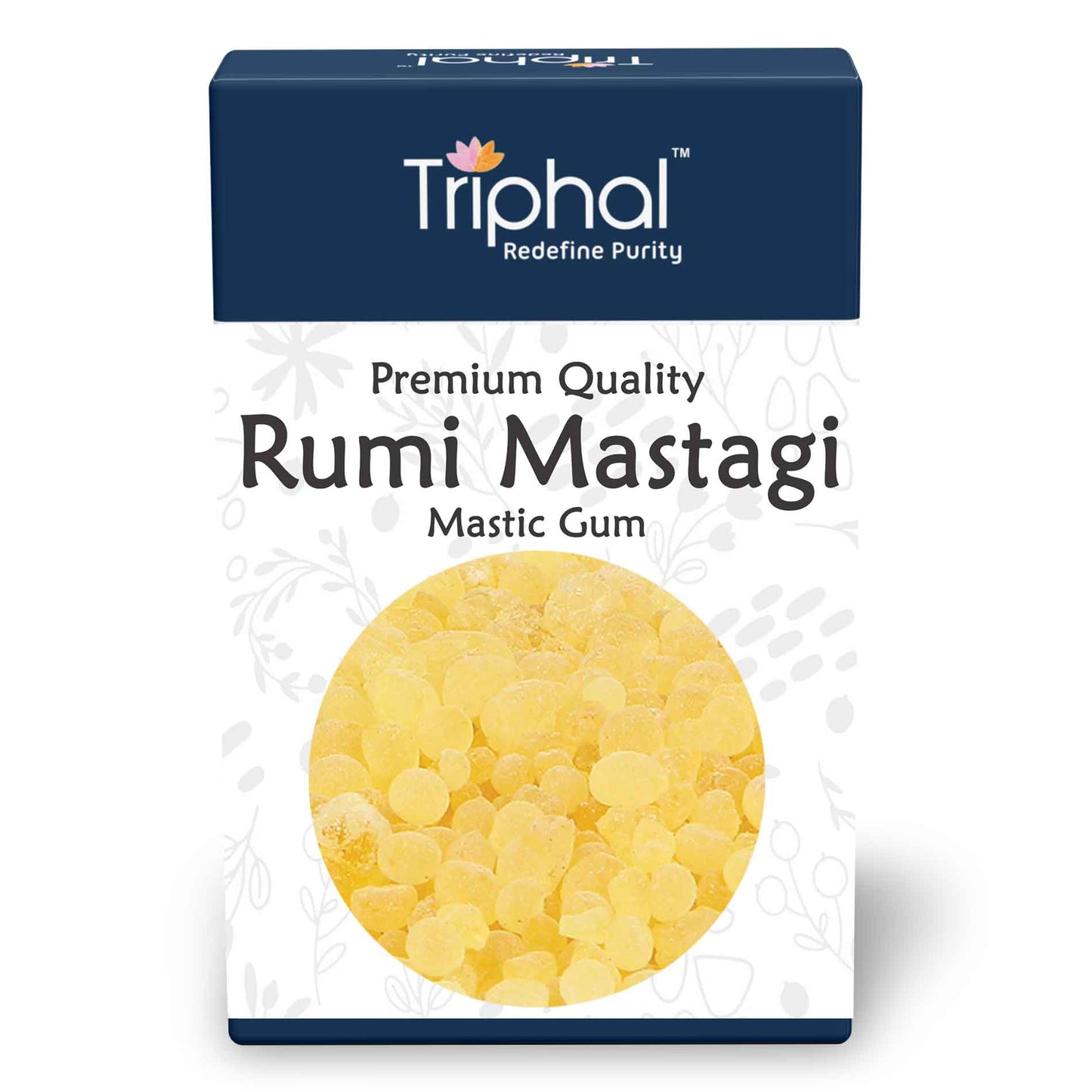Image of a box of Rumi Mastagi by Triphal, a brand of mastic gum also known as mastika or mastagi or mastiha. The box contains small, translucent, yellowish-white resin pieces of mastic gum