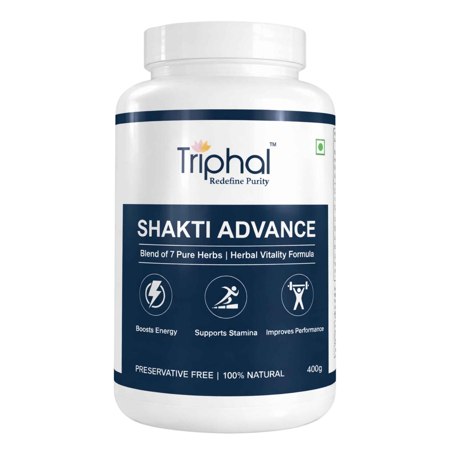 Triphal Brand Shakti Advance - A Herbal Male Vitality Powder On A White Background