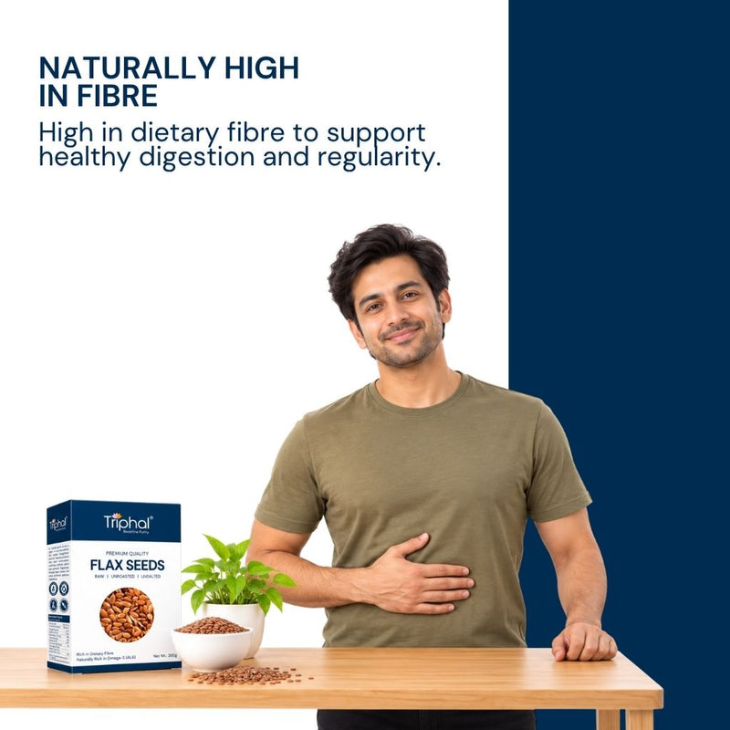 Naturally high-fibre Flax Seeds supporting healthy digestion and daily regularity.