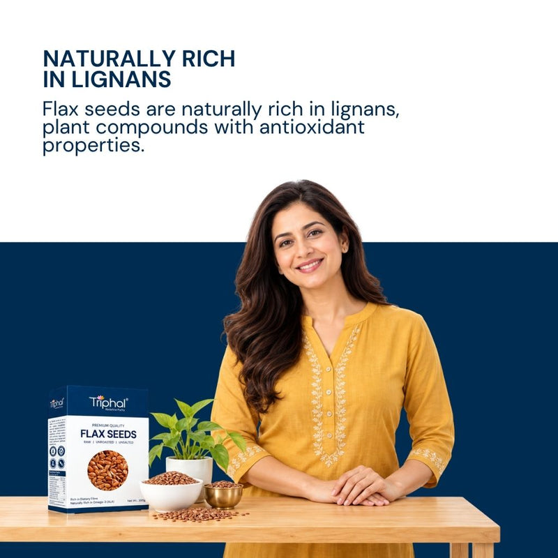Flax Seeds naturally rich in lignans with antioxidant plant compounds for wellness.