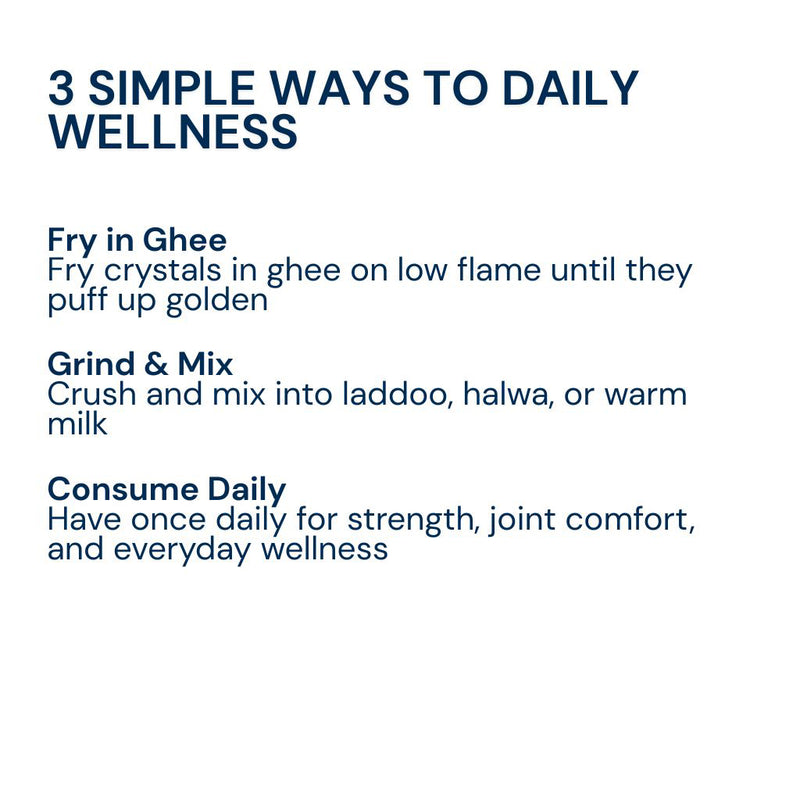 How to use Triphal Babool Gond — fry in ghee, mix in laddoo or milk, consume daily