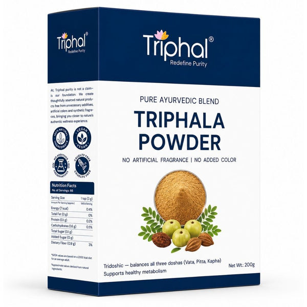 Triphal Triphala Powder — pure blend of Amla, Haritaki, and Bibhitaki for Ayurvedic wellness
