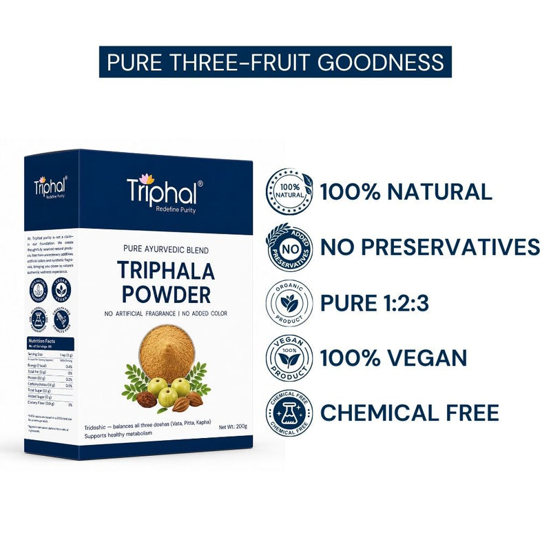 Triphal Triphala Powder 200g — pure Ayurvedic blend, vegan, no additives, balances all three doshas