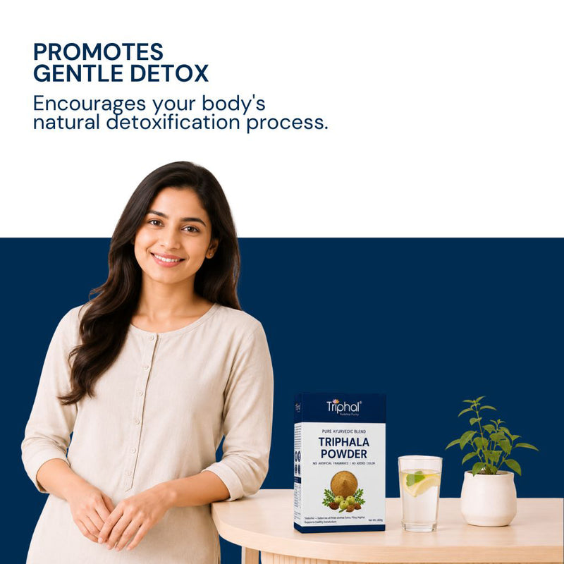 Triphal Triphala Powder encouraging body's natural detoxification process gently daily