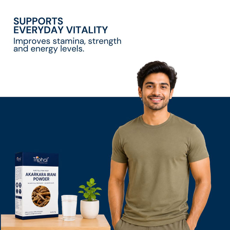 Triphal Akarkara Irani Powder for men's natural strength, stamina, and vitality daily