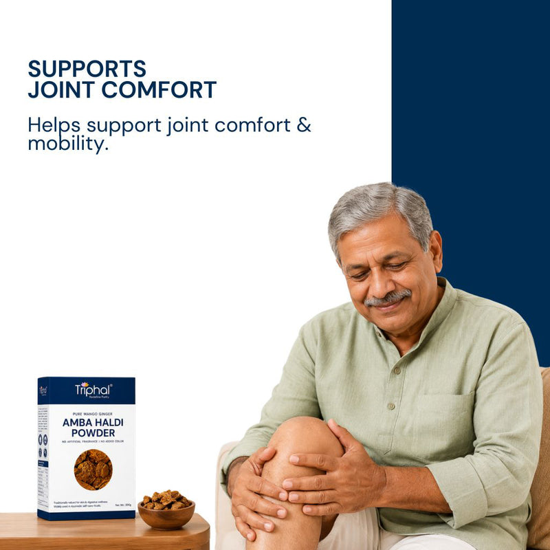 Triphal Amba Haldi Powder supporting joint comfort and mobility for natural pain free movement