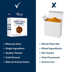 Triphal Amba Haldi Powder vs ordinary brands — rhizome only, cold ground, natural aroma intact