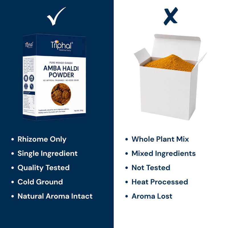 Triphal Amba Haldi Powder vs ordinary brands — rhizome only, cold ground, natural aroma intact