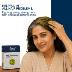 Triphal Amla Powder hair mask paste being applied for hair growth and shine