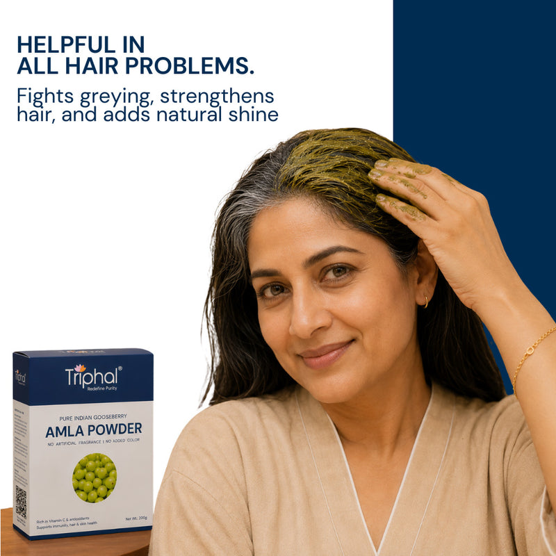 Triphal Amla Powder hair mask paste being applied for hair growth and shine