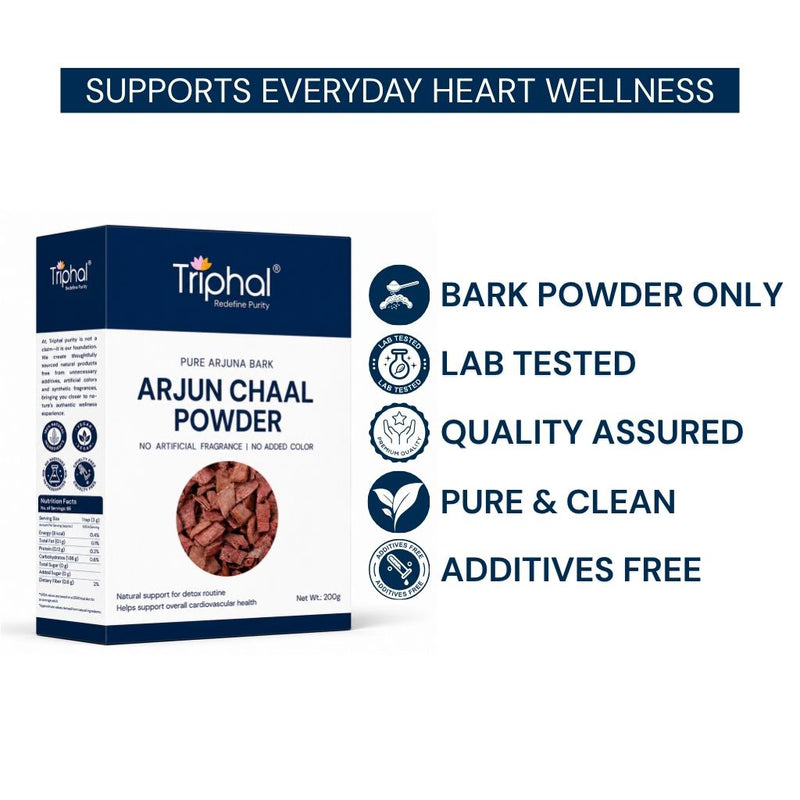 Triphal Arjun Chaal Powder — bark powder only, lab tested, quality assured, pure and clean, additives free