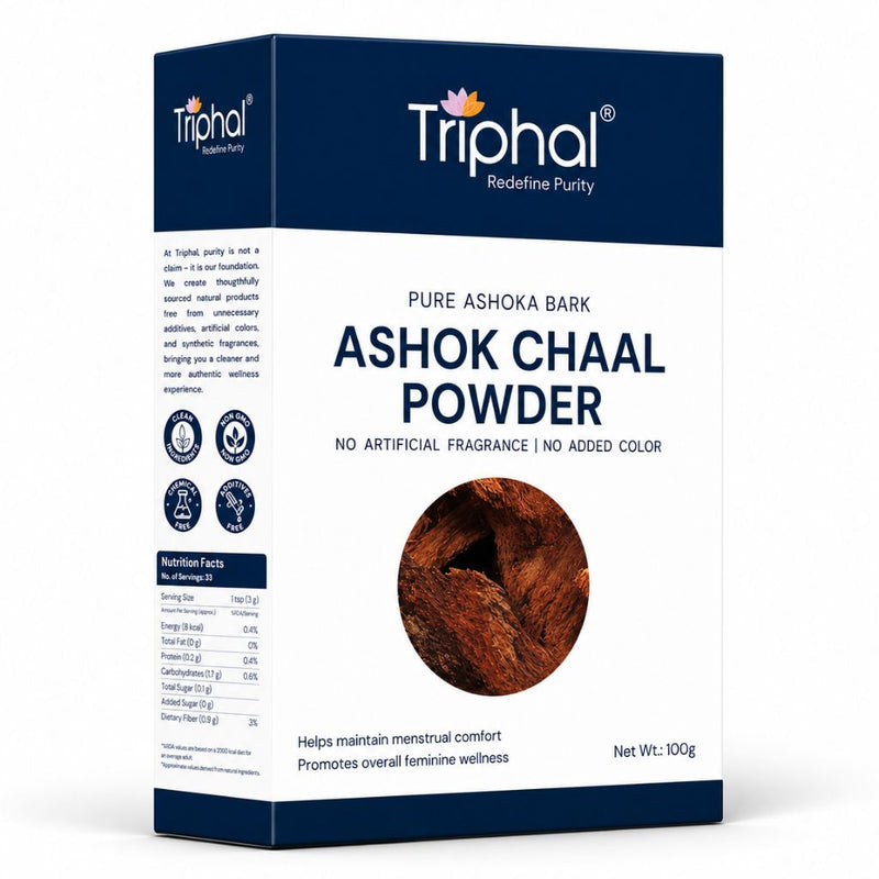 Triphal Ashok Chaal Powder made from pure Ashoka bark for women's wellness and traditional Ayurvedic support