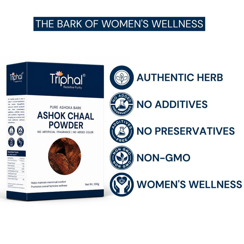 Triphal Ashok Chaal Powder made from authentic Ashoka bark with no preservatives or artificial additives