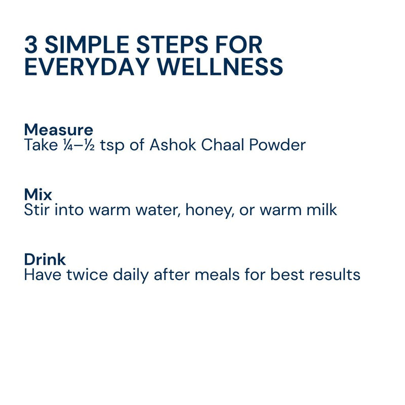 Triphal Ashok Chaal Powder prepared in three easy steps for convenient daily Ayurvedic wellness
