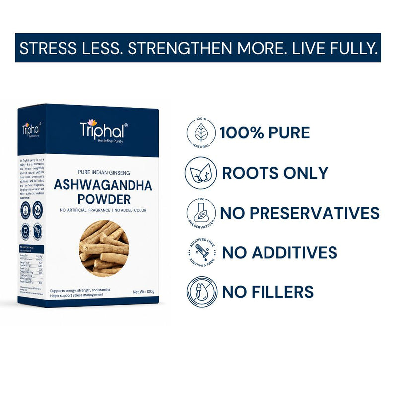 100% pure Triphal Ashwagandha Root Powder — no fillers, no extracts, roots only