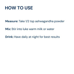 How to use Triphal Ashwagandha Powder — half tsp in warm milk or water, drink nightly for best results