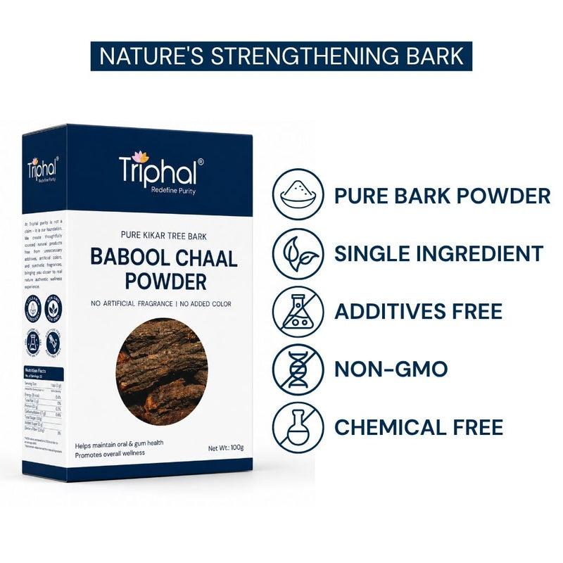 Triphal Babool Chaal Powder — pure single-ingredient bark powder, non-GMO, chemical free and additives free
