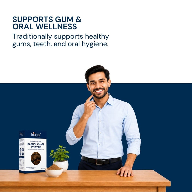 Triphal Babool Chaal Powder for natural oral health, gum wellness, and fresh breath daily