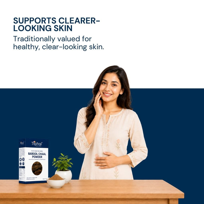 Triphal Babool Chaal Powder for natural skin nourishment, glow, and anti-aging wellness
