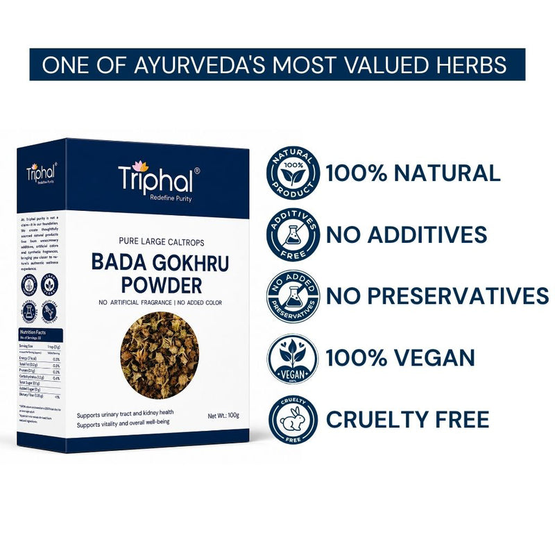 Triphal Bada Gokhru Powder — 100% natural, vegan, cruelty free, no additives, no preservatives