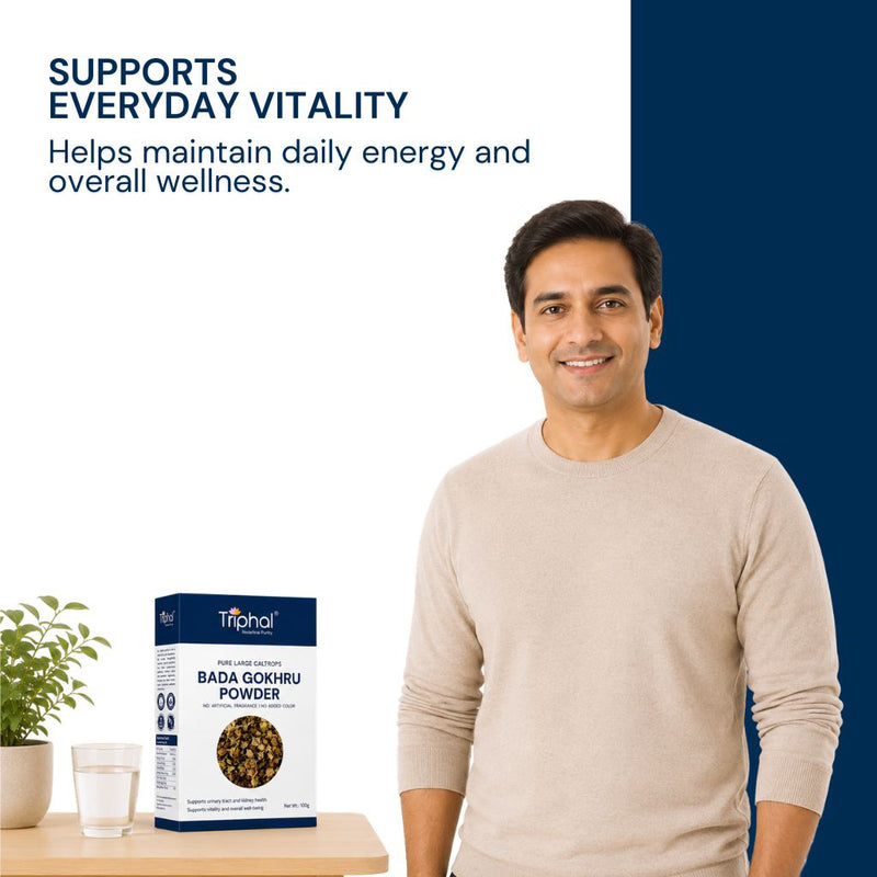 Triphal Bada Gokhru Powder for men's natural strength, stamina, and vitality daily