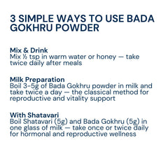 Triphal Bada Gokhru Powder — mix in water, boil in milk, or combine with Shatavari daily